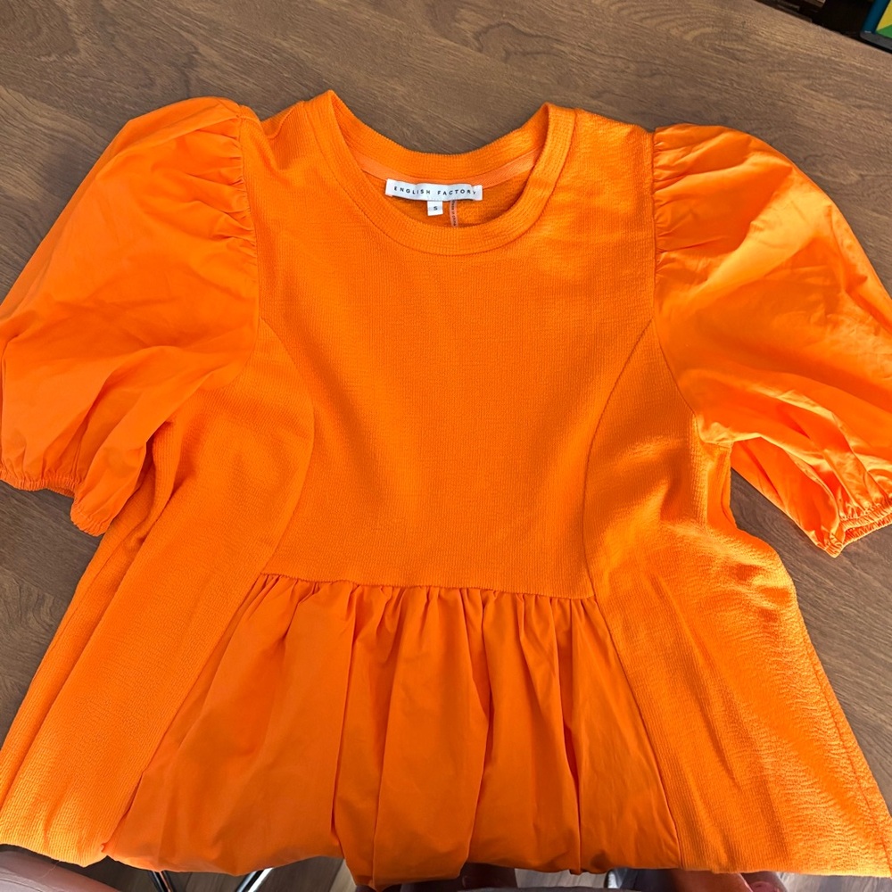 English Factory Orange Solid Dress NWOT Pockets Puffy Short Sleeves Sz Small